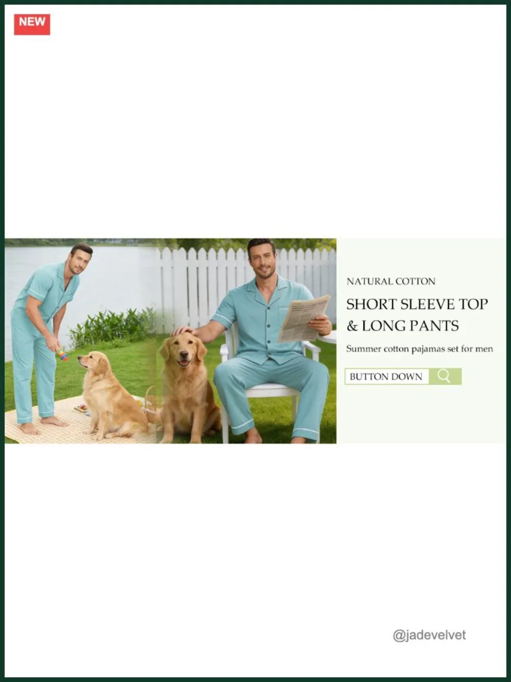Men's 100% Cotton Pajama Set Short Sleeve Button Down with Long Pants